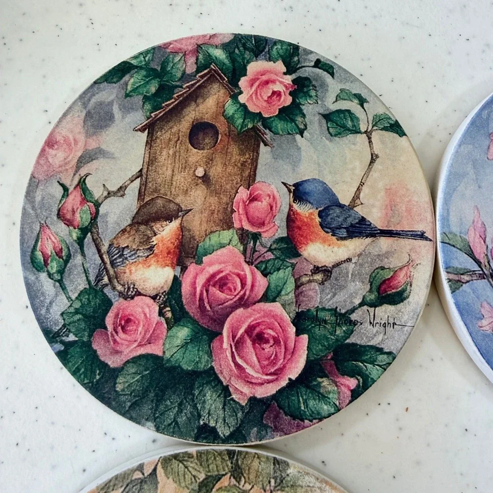 CoasterStone Carolyn Shores Wright Bird Birdhouse Rose Absorbent Coasters Set 4